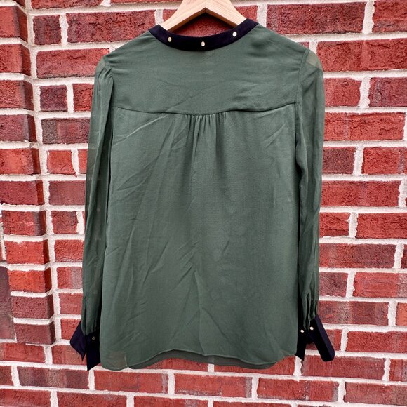 VTG Tory Burch Blouse Size 4 Sheer Green Silk Black Trim Gold Stud Detail - Picture 2 of 9